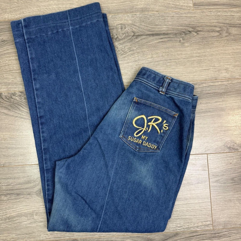 Vtg 80s J.R.'s Texas High Rise Wide Leg Jeans 28"‎ Waist Embroidered Sugar Daddy